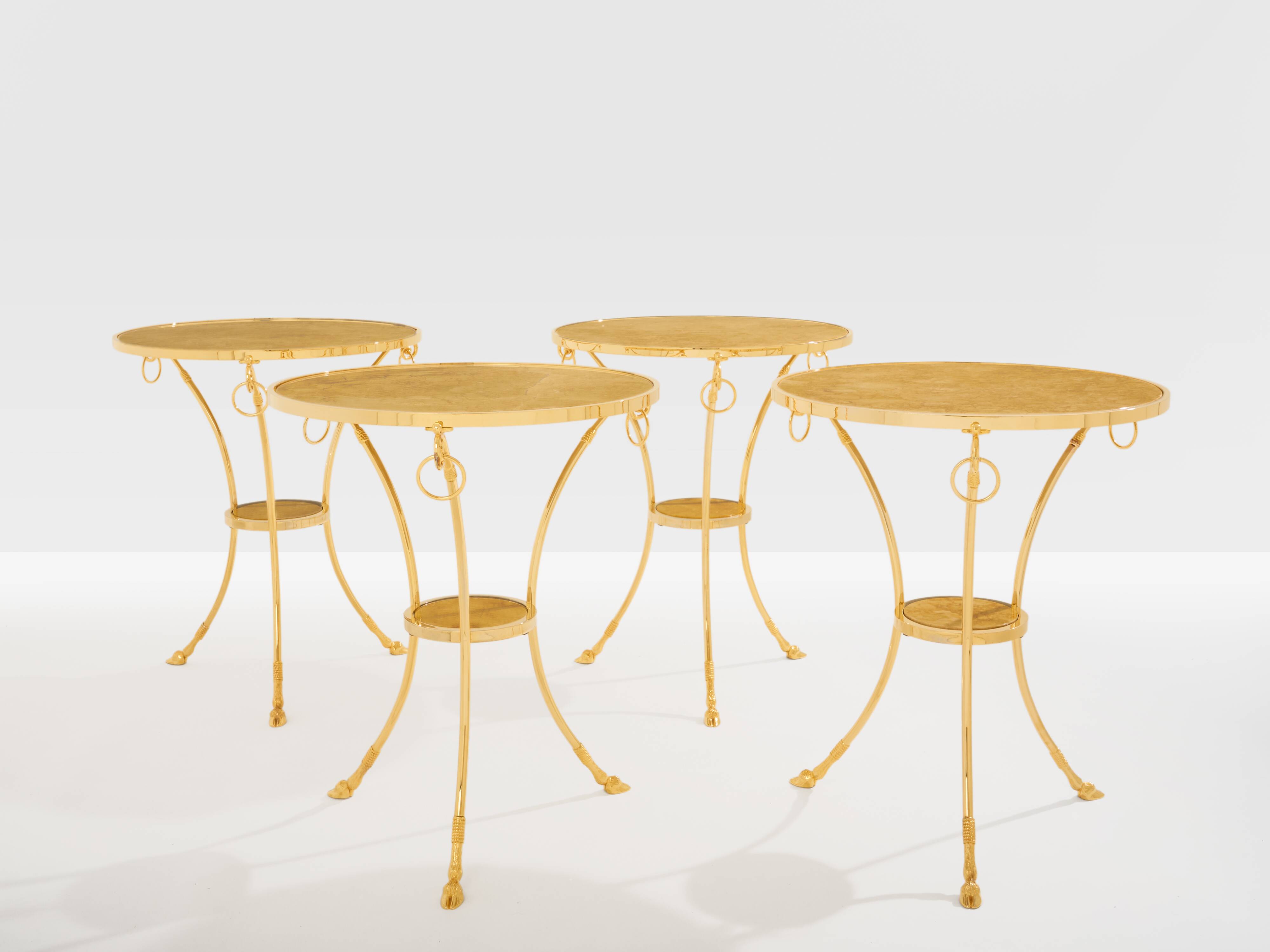 Set of 4 neoclassical side tables in brass and marble by Maison Charles, 1960.