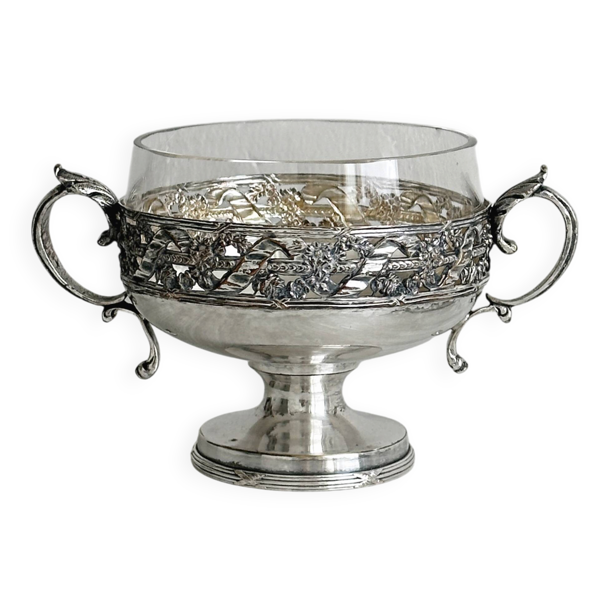 Metal and glass pedestal bowl