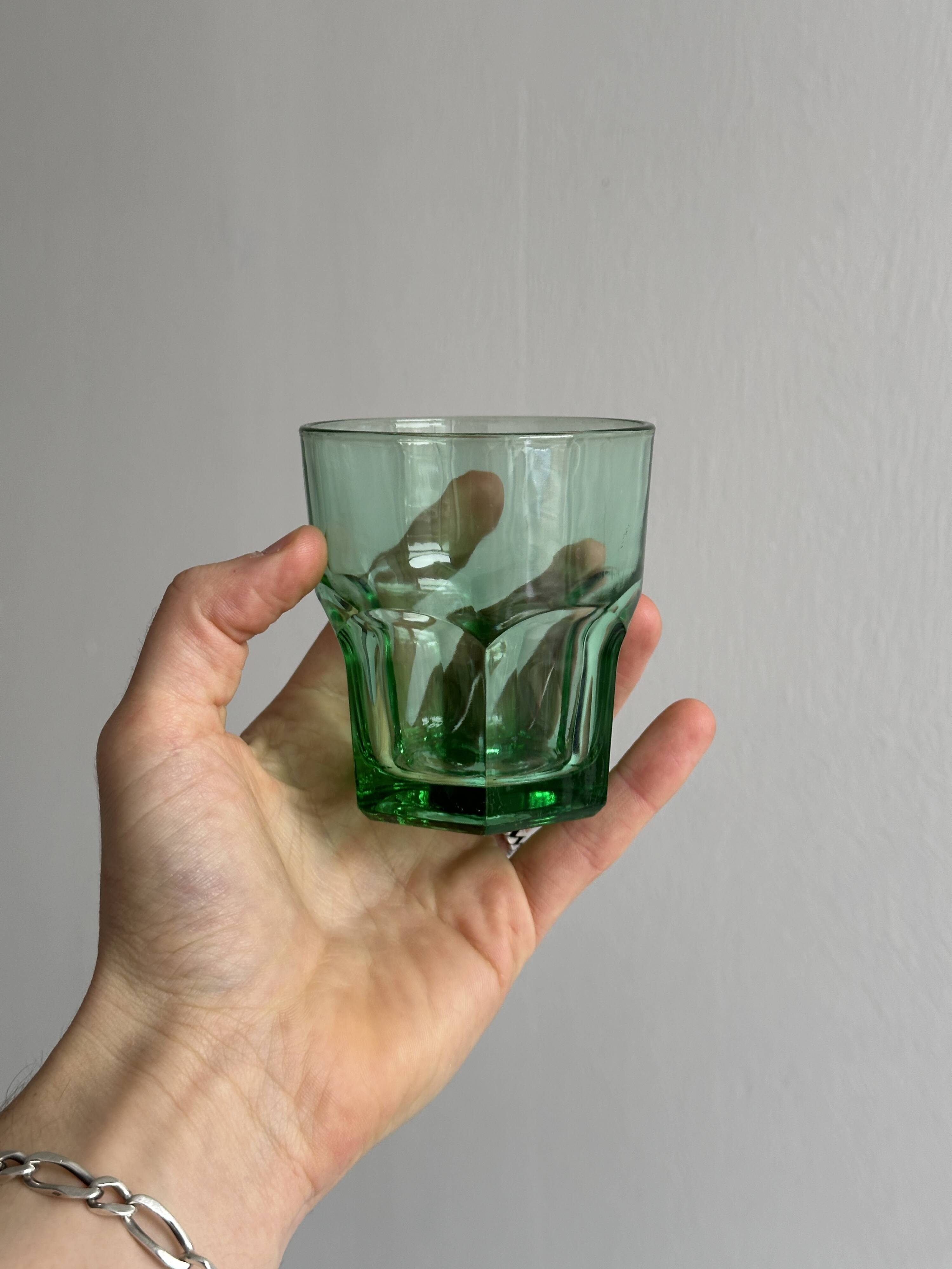 4 vintage water glasses in translucent green glass