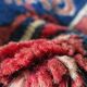 Carpet point knotted velvet wool blue red white 124 cm x 202 cm vintage