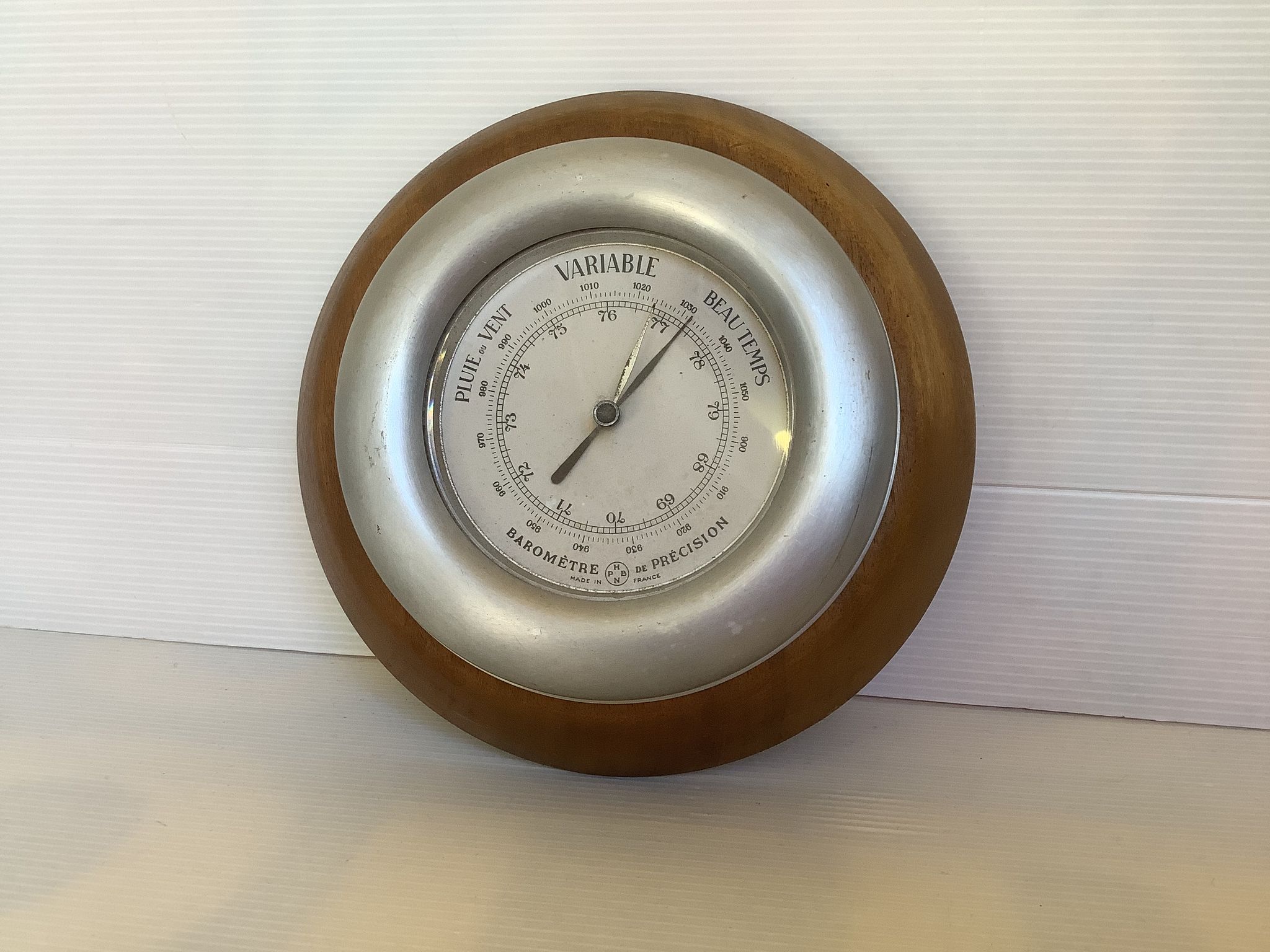 Old aluminum wood barometer made in France