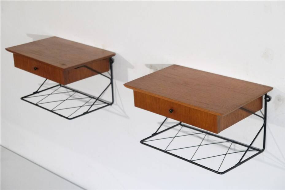 Pair of hanging bedside tables in teak and metal, 1960
