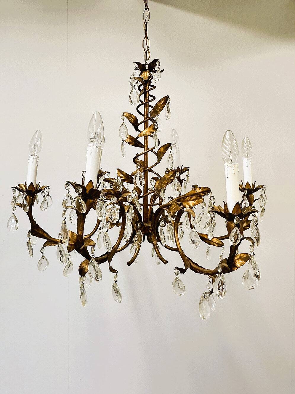 Vintage gold leaf crystal chandelier with 6 lights, 1950s.