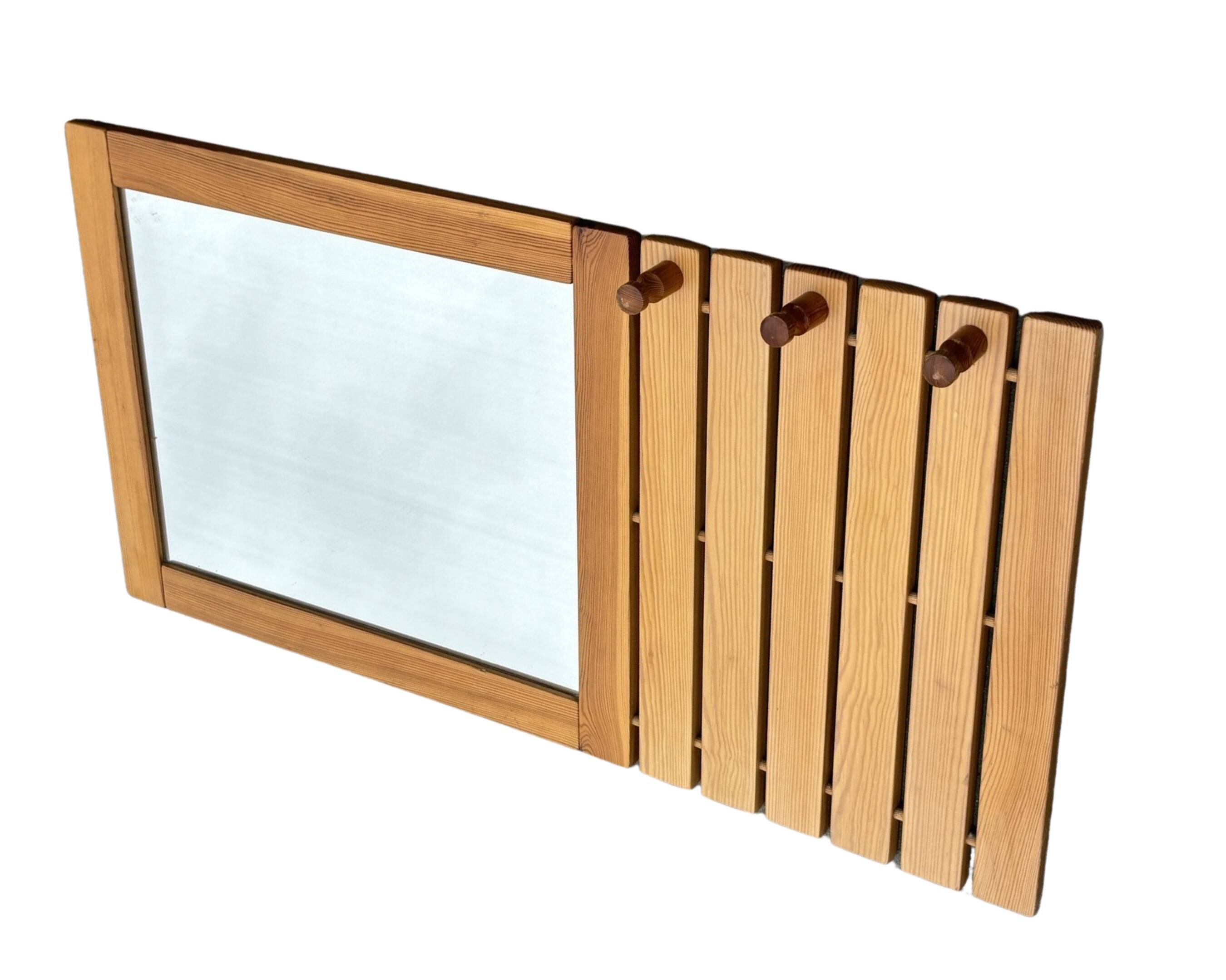 Vintage Pine Pinewood coat rack with mirror - 1970s design