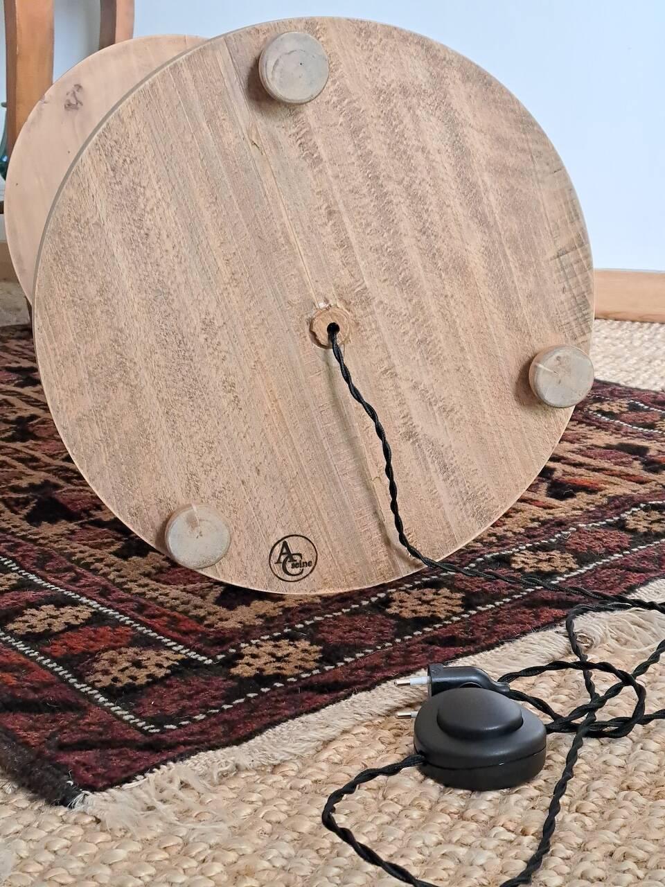 Light wood floor lamp with Art Deco wooden shelf