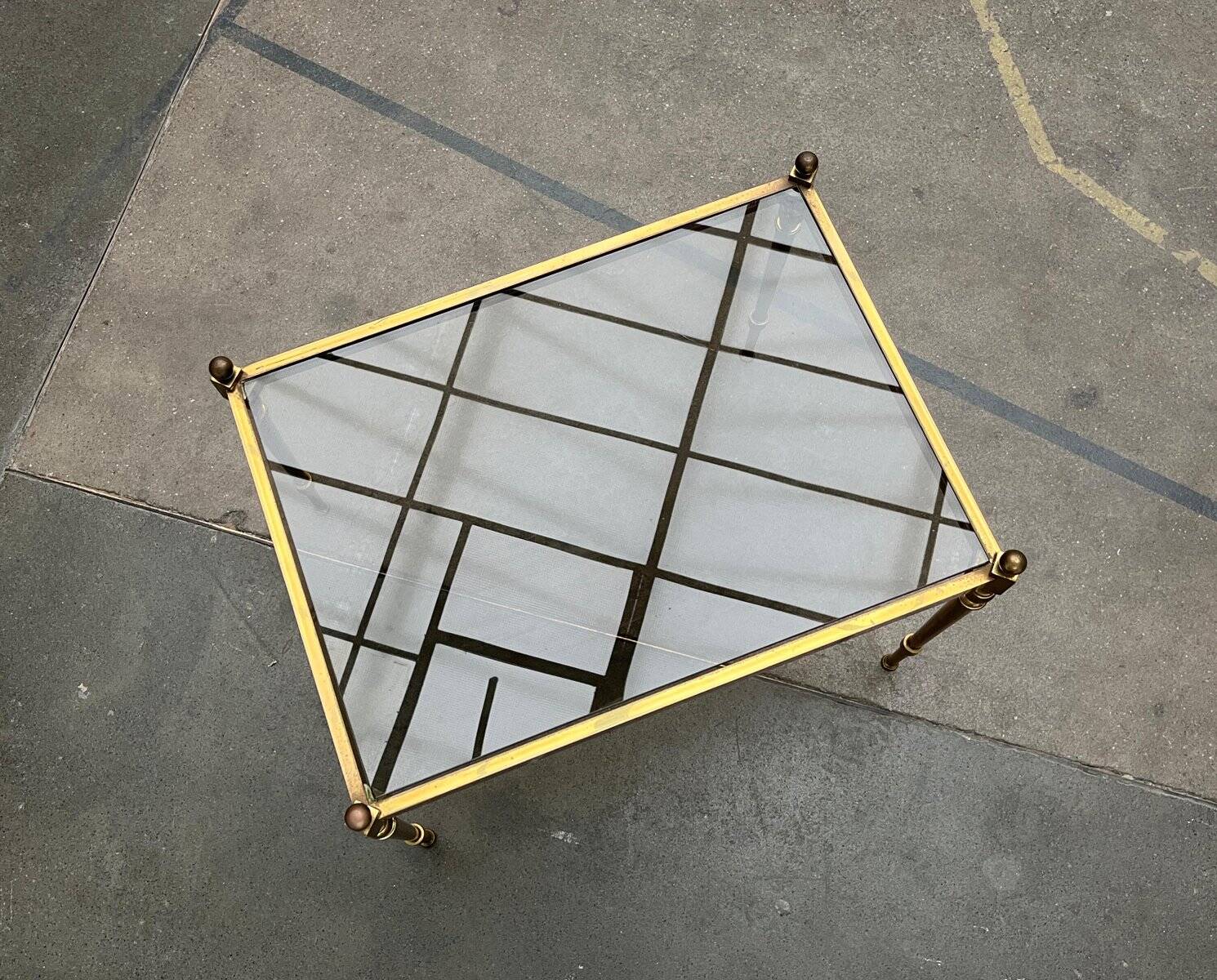 Mid-century Hollywood neoclassical brass and glass side tables or bedside tables from the 1950s, set of 2.