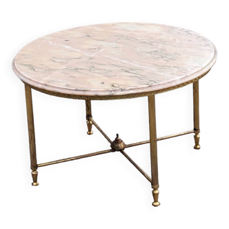 Round coffee table in neo-classical style, marble top, bronze and gilded brass base