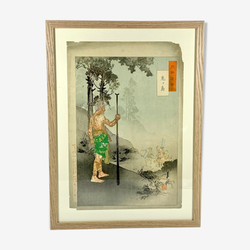 XIXth century framed Japanese print by Ogata Gekko "Warriors on Onigasma Island"