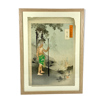 XIXth century framed Japanese print by Ogata Gekko "Warriors on Onigasma Island"