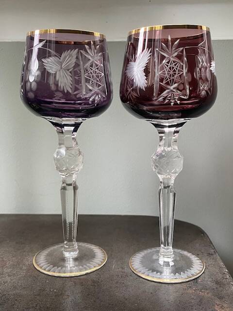 2 large cut and coloured Bohemian crystal glasses