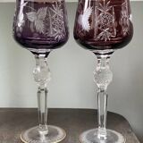 2 large cut and coloured Bohemian crystal glasses