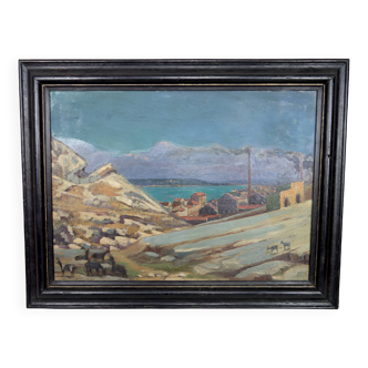 Painting, Oil on panel, "Mediterranean Coastal Town", France, 1930