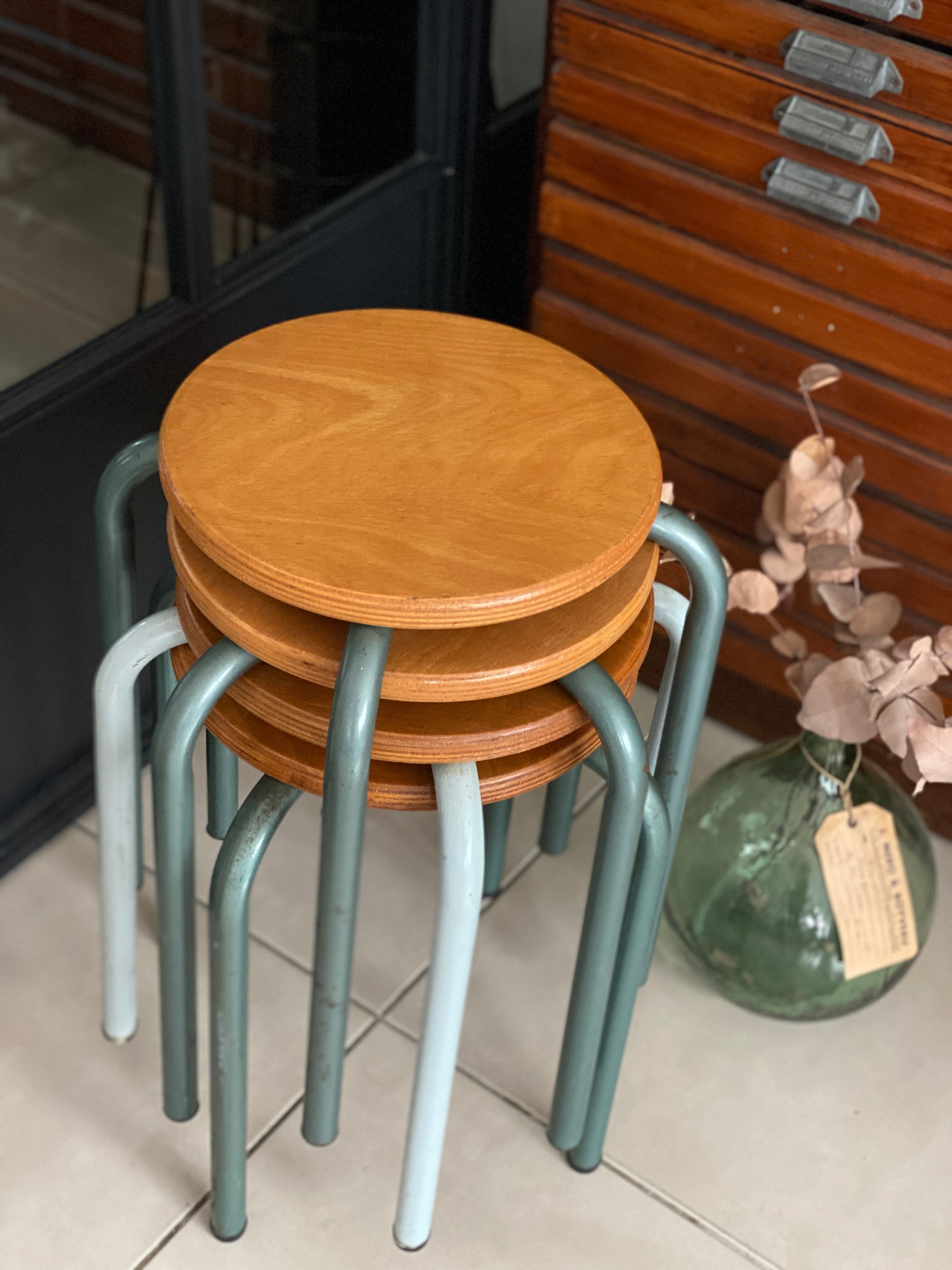 Set of 4 metal and wood workshop stools
