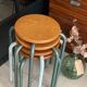 Set of 4 metal and wood workshop stools