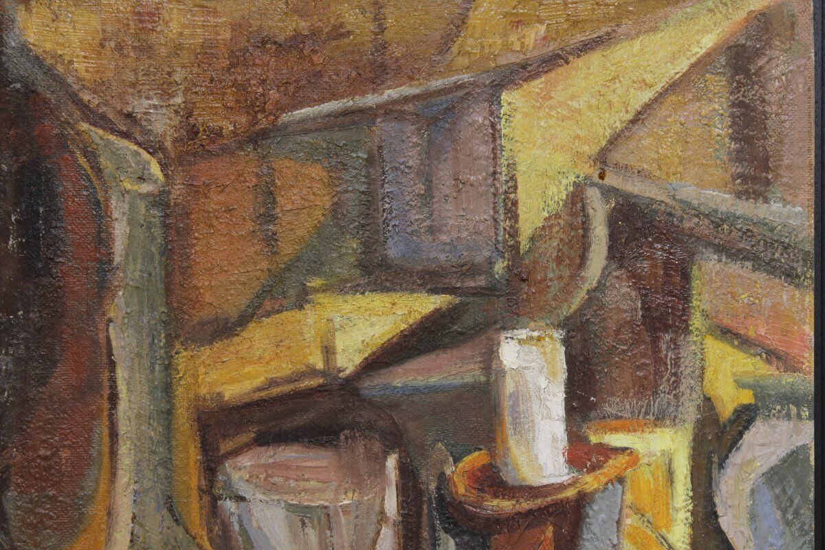Nature morte cubiste signée - Huile sur panneau