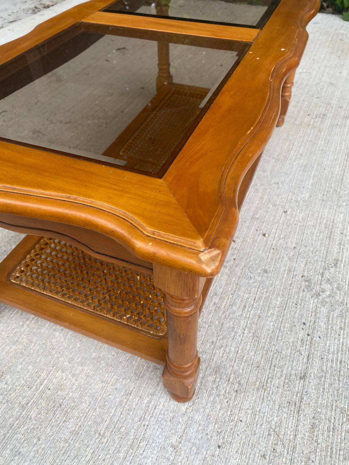 Vintage solid wood coffee table with glass and cane 100x50cm