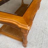 Table basse vintage en bois massif, verre et cannage