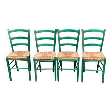 4 solid wood green straw chairs in Bistrot Campagne style from the 1980s.