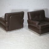 Pair of armchairs brown leather base stainless steel, France, circa 1970