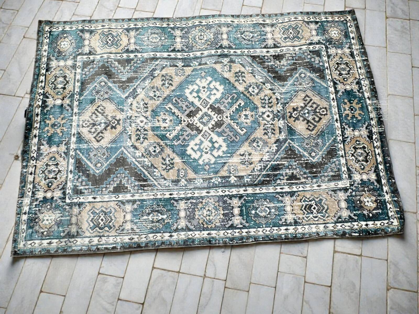 Bohemian Chic Rug in Petrol Blue and Beige with Abstract Patterns