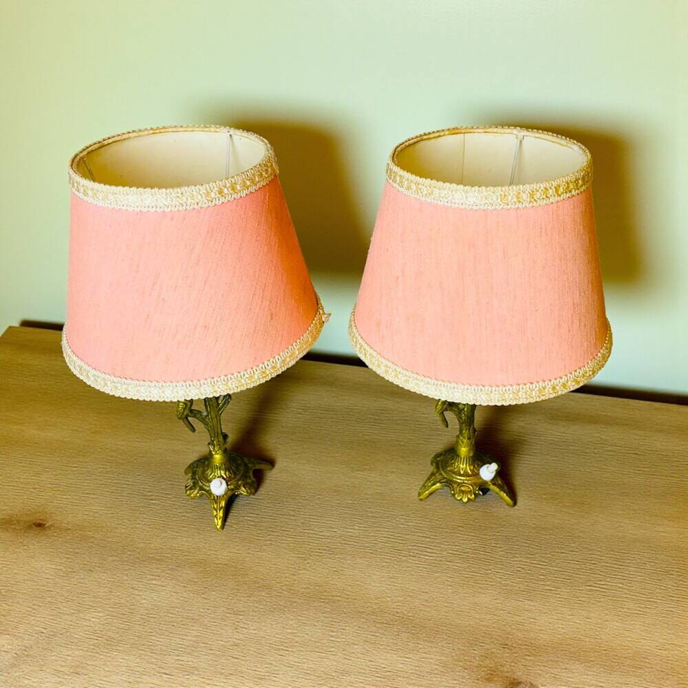 Pair rustic brass bird table lamps with pink lampshades
