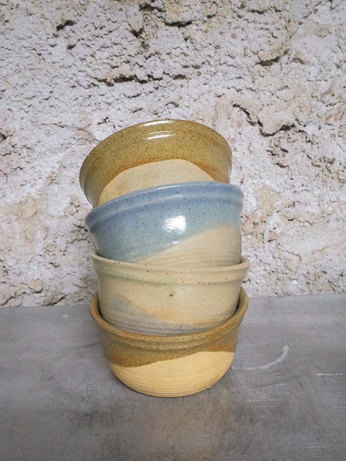 Set of 4 ramekins in semi-glazed sandstone, signed