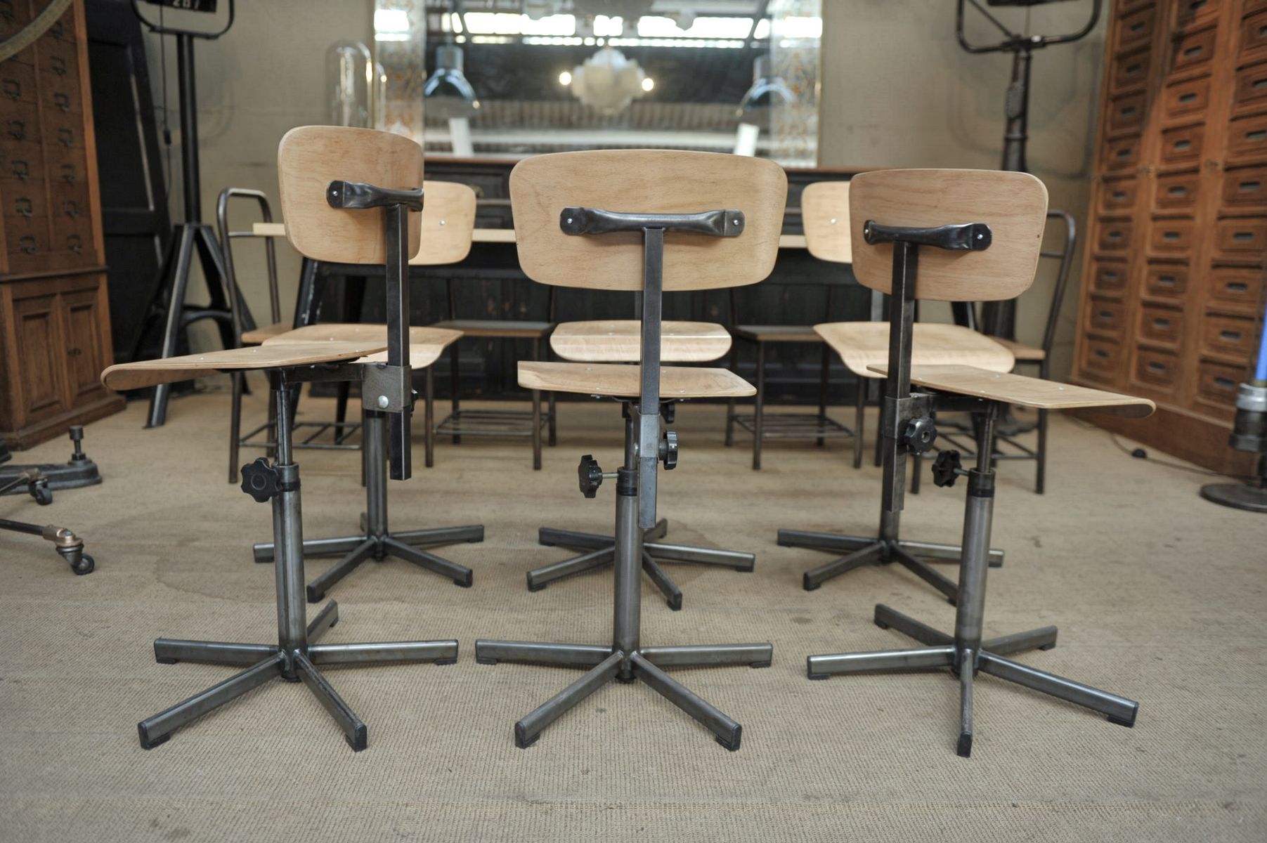 Industrial rotary and adjustable workshop chairs 1950s