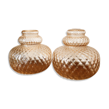 Pair of frosted iridescent glass globes