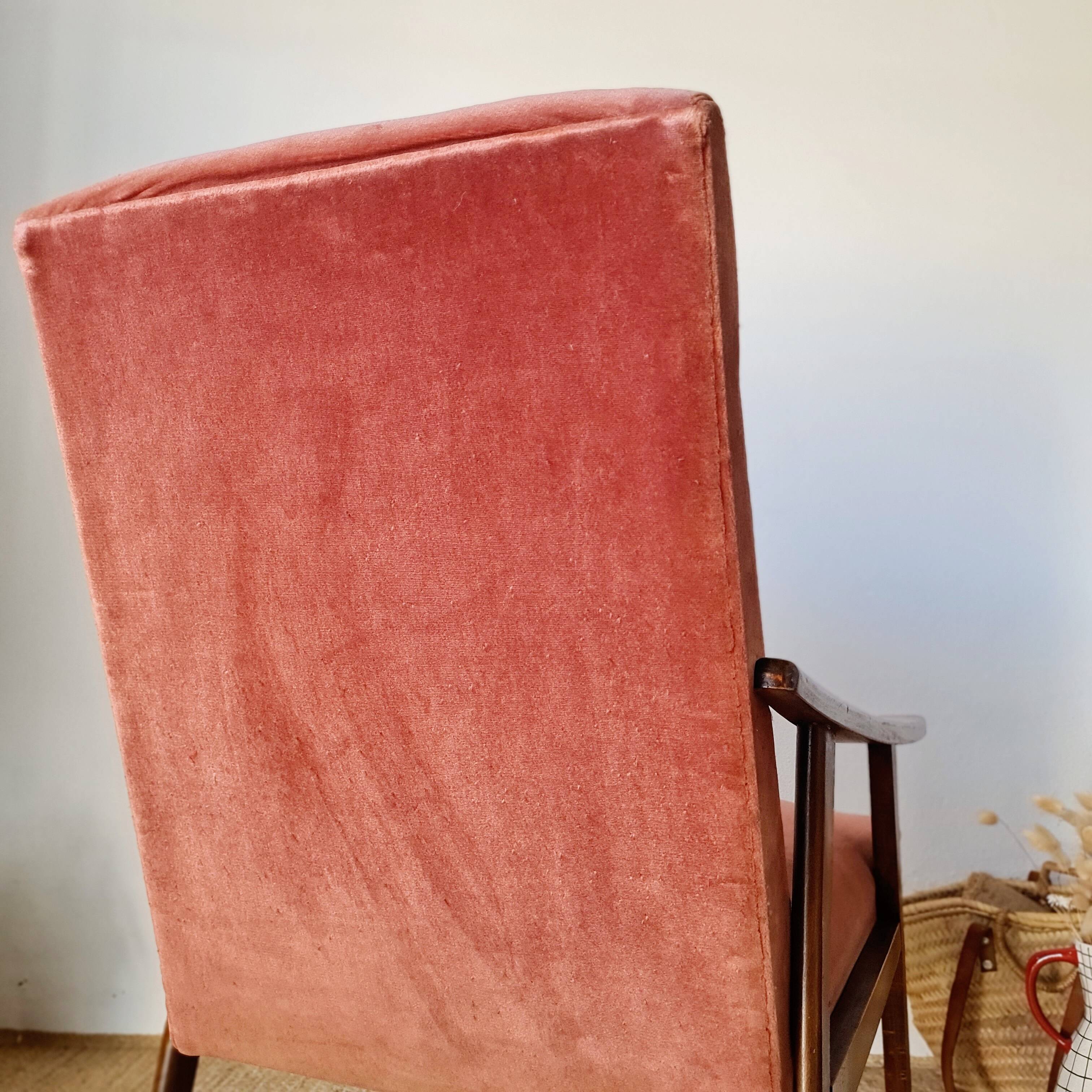 Vintage Scandinavian armchair from the 50s/60s – tapered legs, wood & velvet