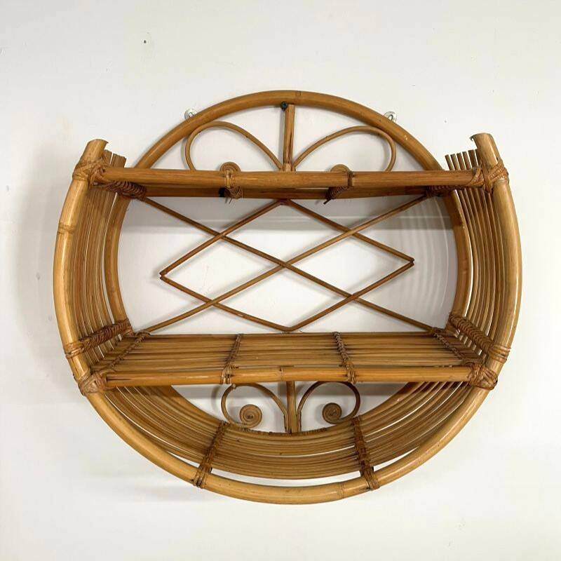 Vintage round rattan wall shelf – 70s bohemian style