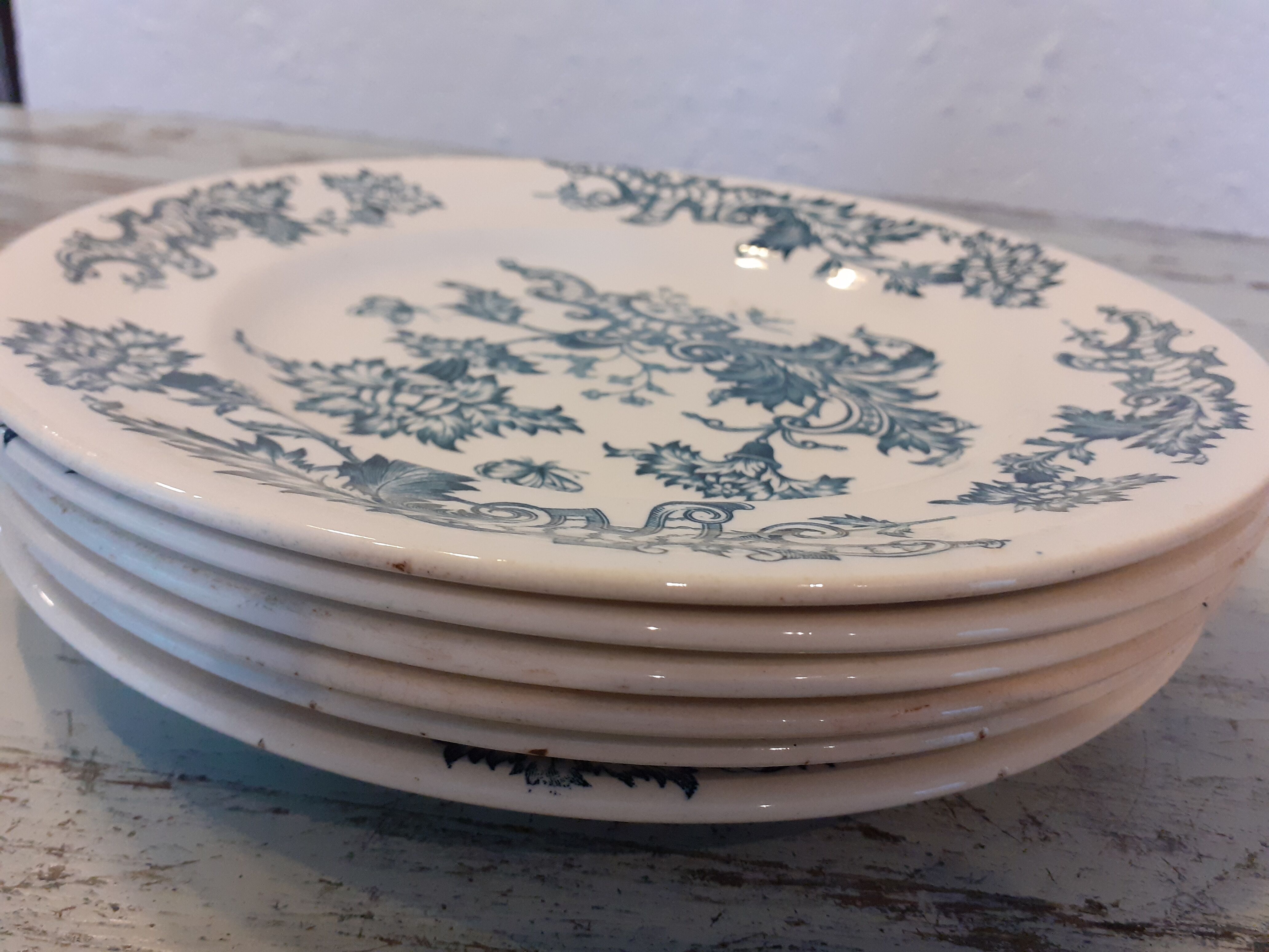 6 flat plates earthenware of longwy fimes blue decoration flowers and butterflies