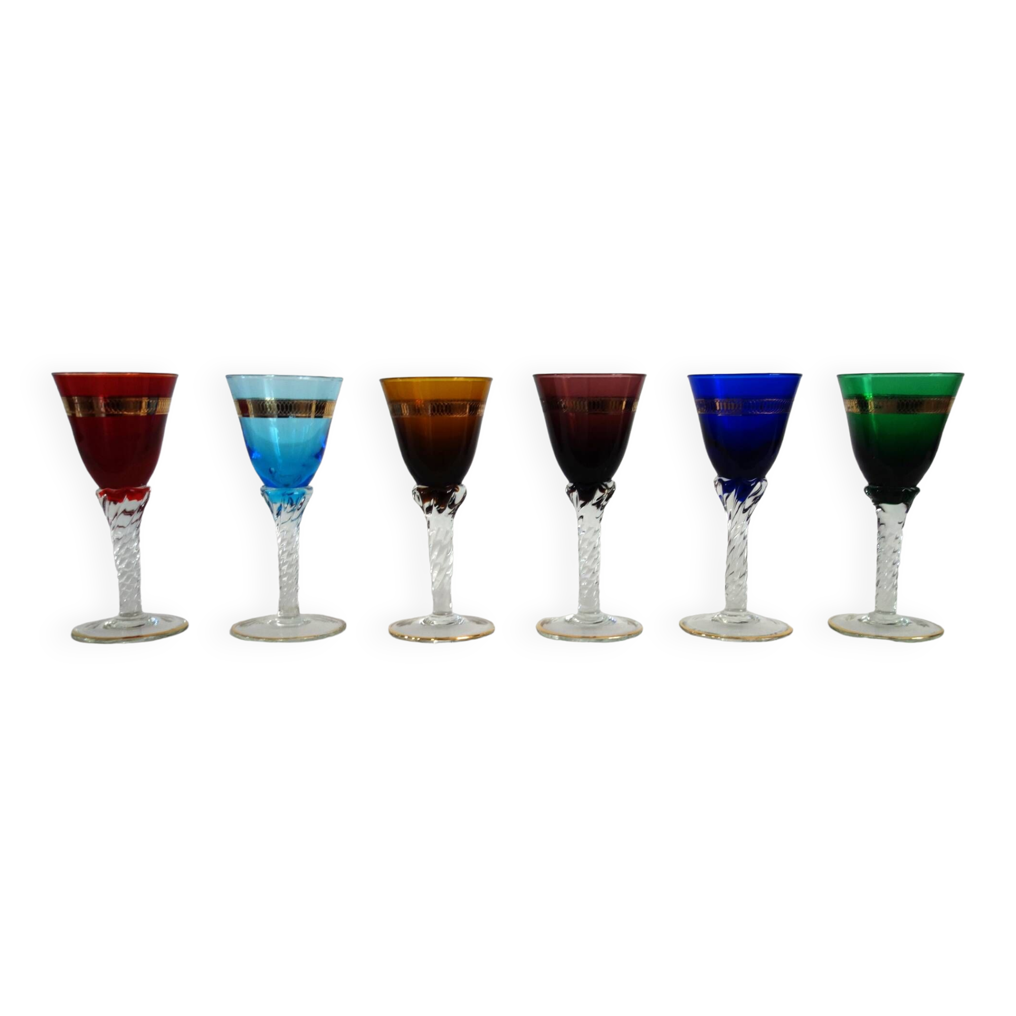 6 multicolored aperitif glasses with twisted legs