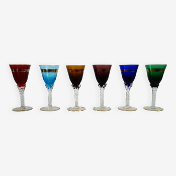 6 multicolored aperitif glasses with twisted legs
