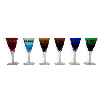 6 multicolored aperitif glasses with twisted legs