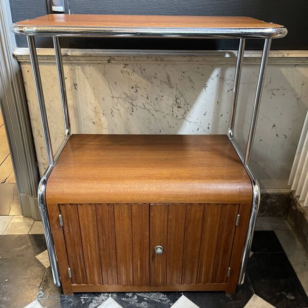 Meuble d'appoint moderniste Art Déco Bauhaus en acier chromé tubulaire & bois, ca 1920-30