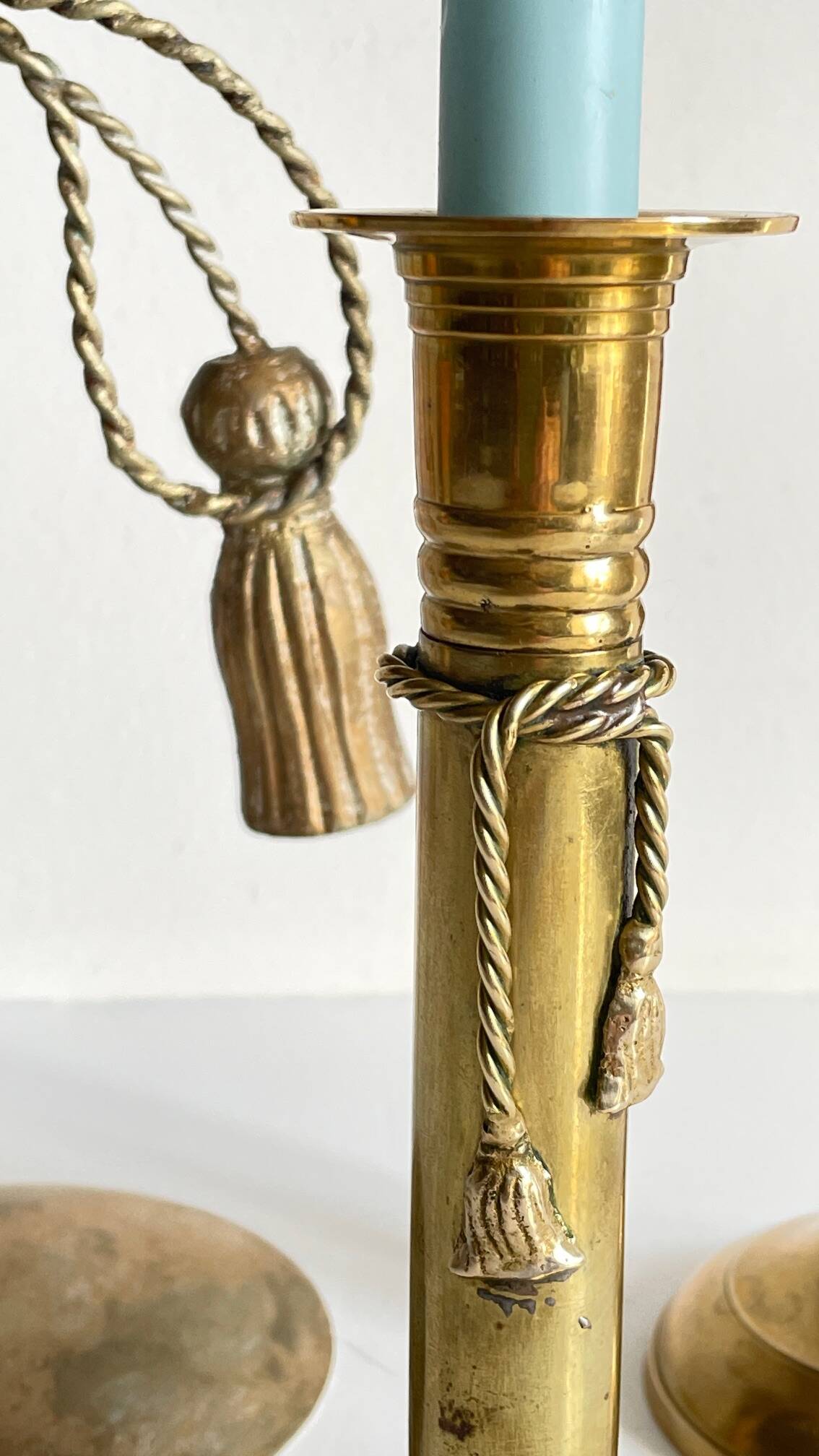 Trio of vintage knotted candlesticks brass