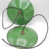 Trio of green enamelled sheet metal hanging lamps