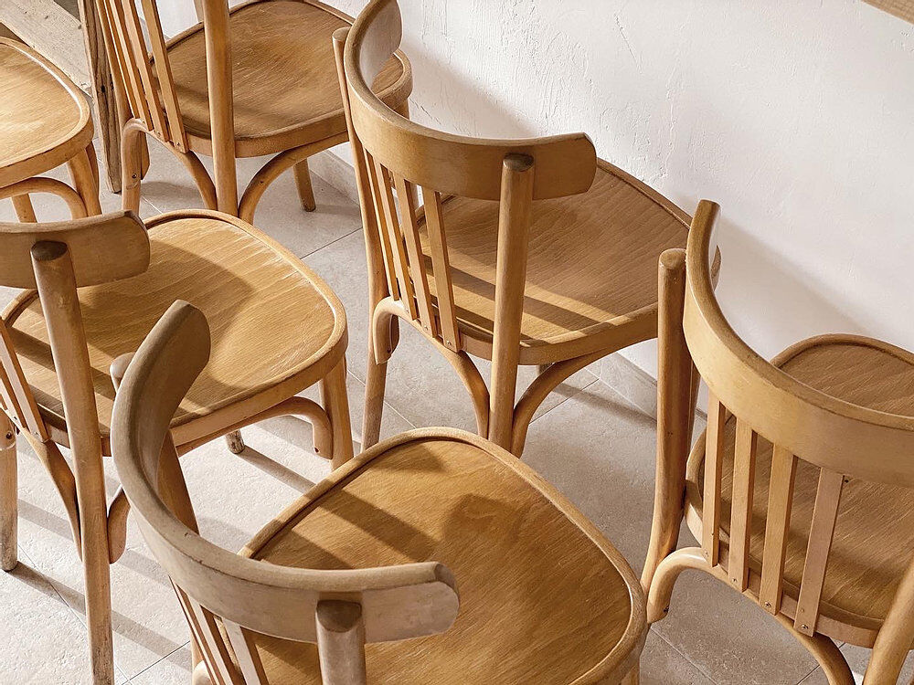 6 light wooden bistro chairs