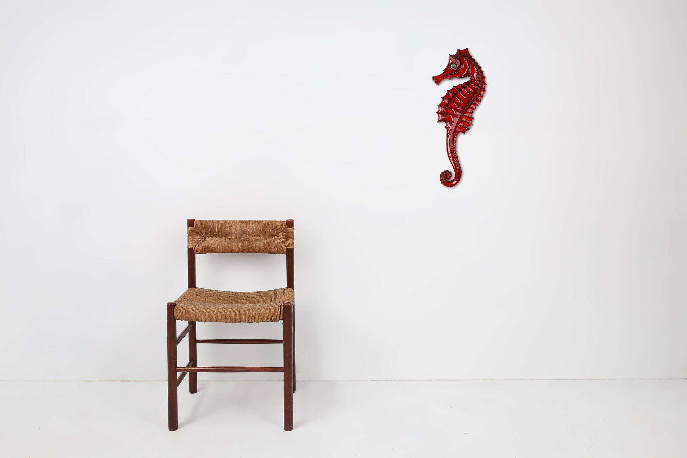 Belgian Ceramic Red Seahorse Plaque by André Bayer, 1960s