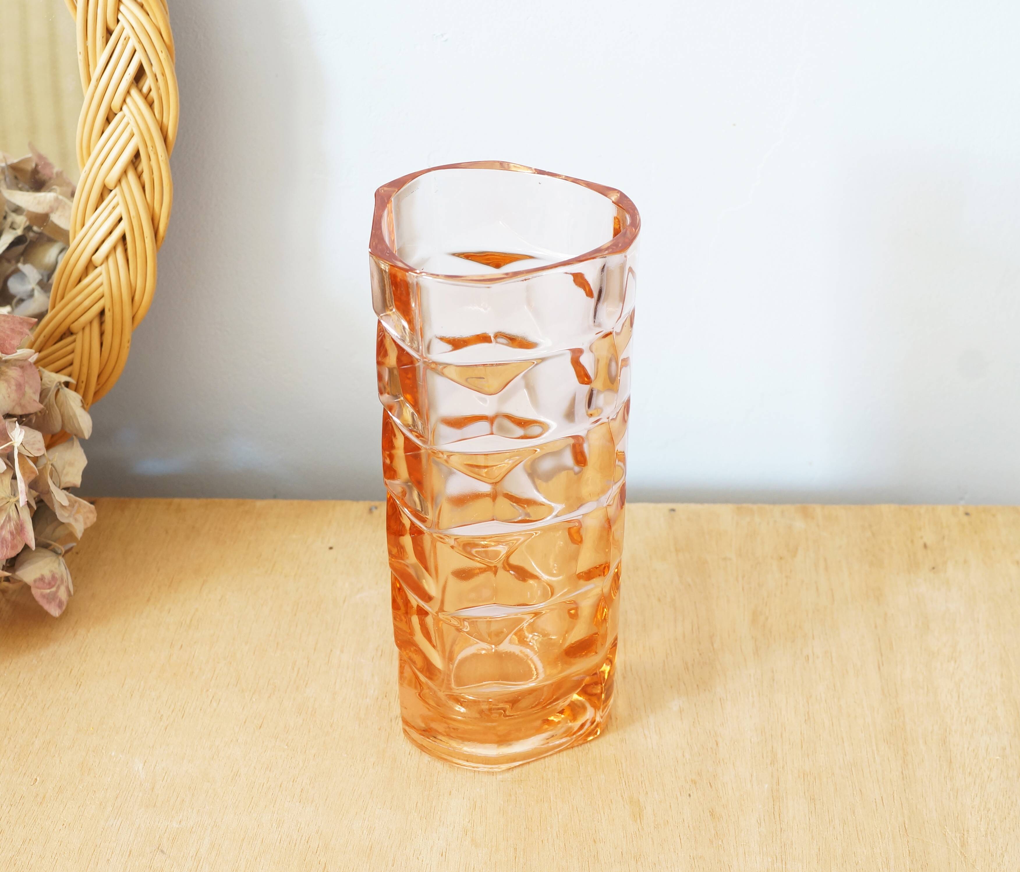 Luminarc type molded glass vase pink color 70s