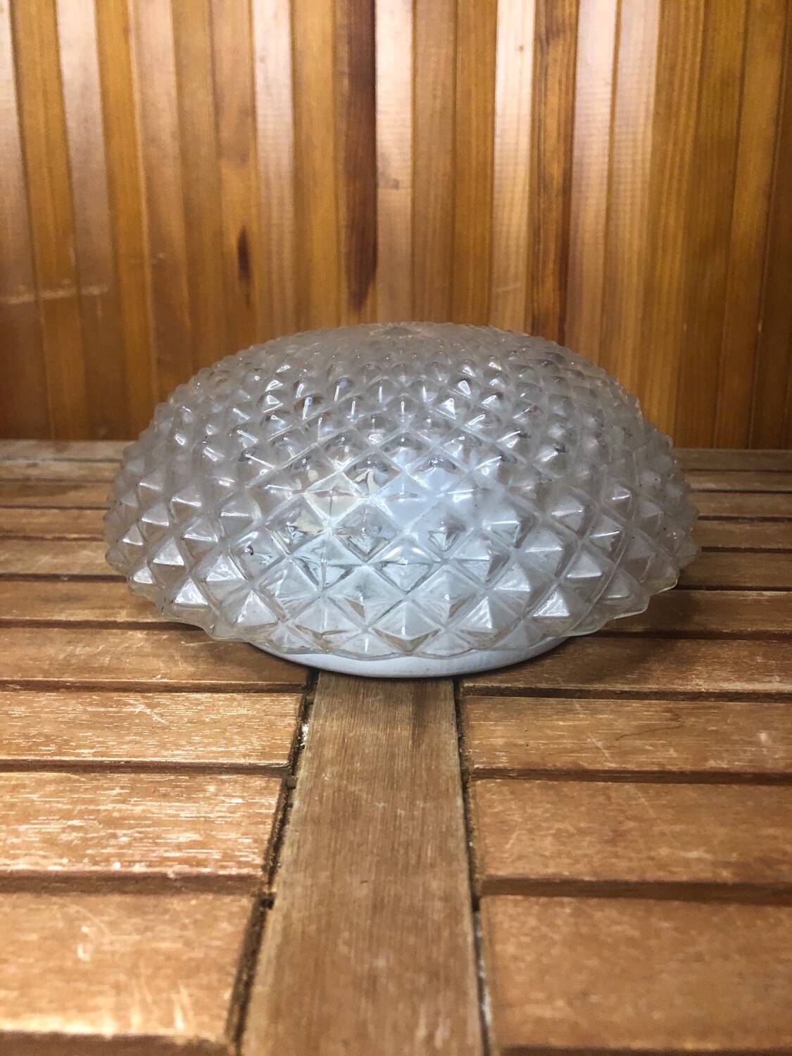 Old molded glass ceiling light + vintage white metal support