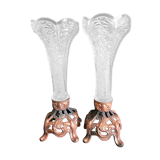 Pair of cone vases in pressed and molded glass, Zamac with 2 patinas