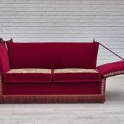1970s, Danish drop arm "Spanish" sofa, original condition, cherry red furniture velour.