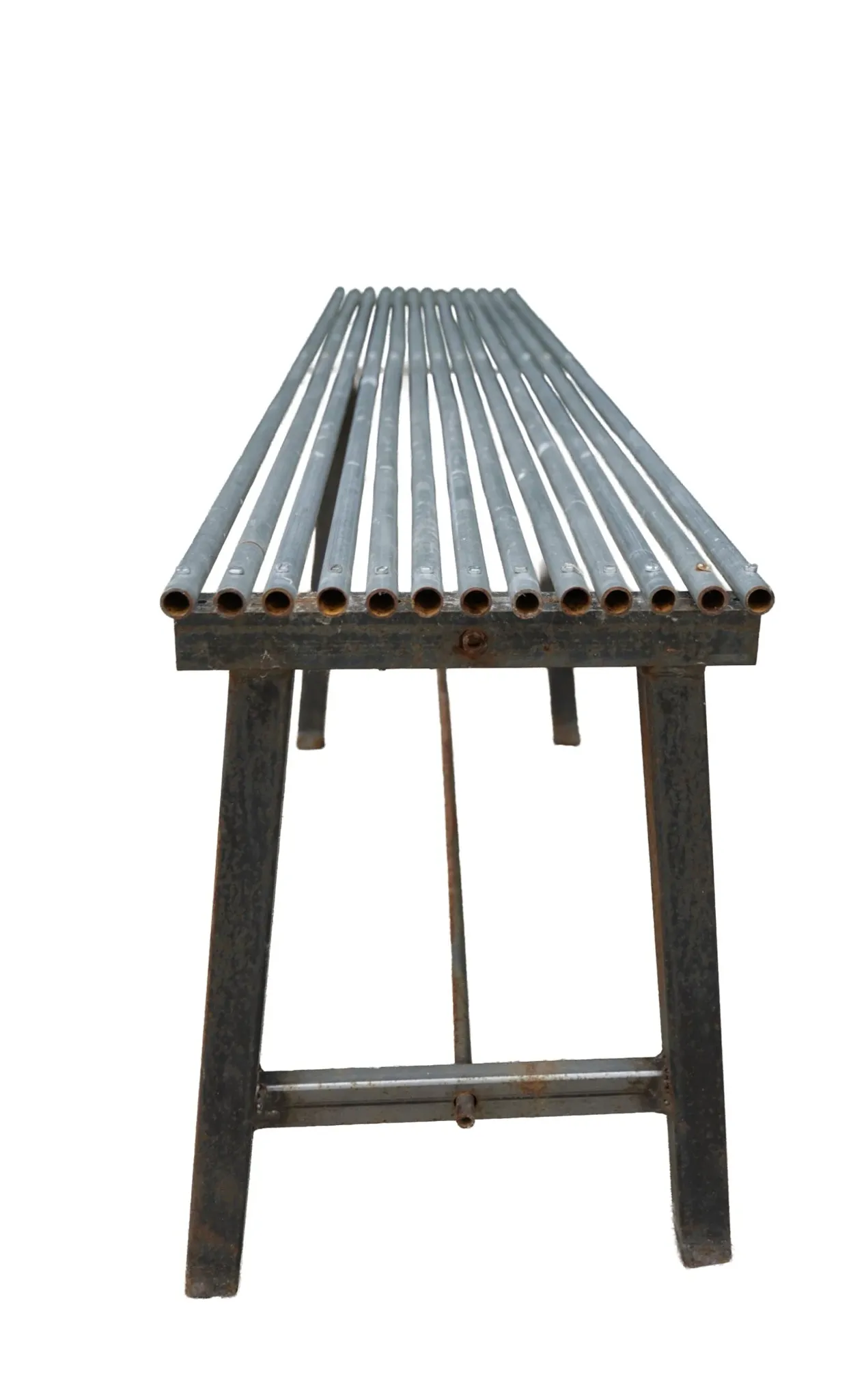 Long metal bench with tubular seat