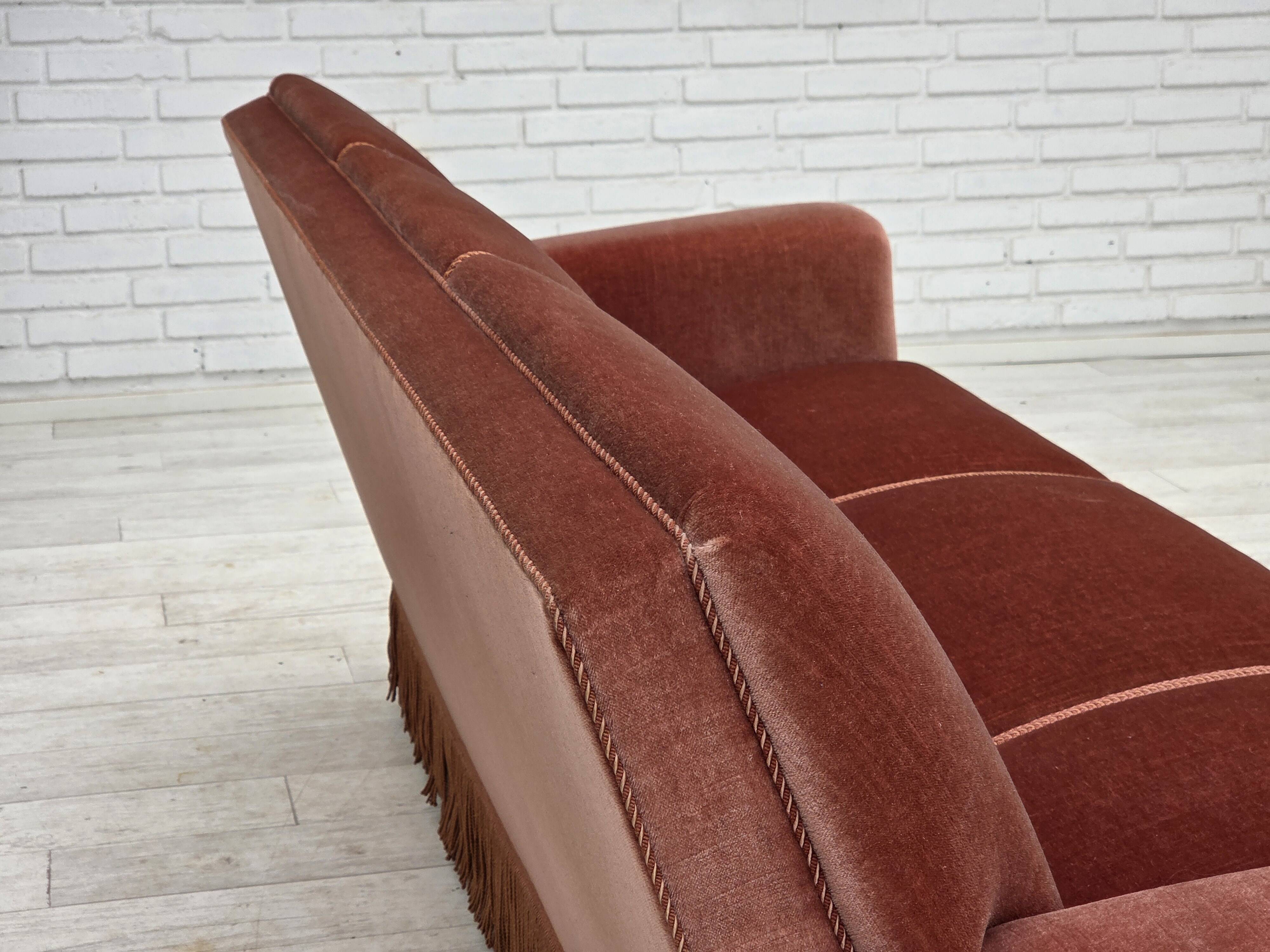 1970s, Danish 3-seater sofa, salmon pink furniture velour, beech wood.
