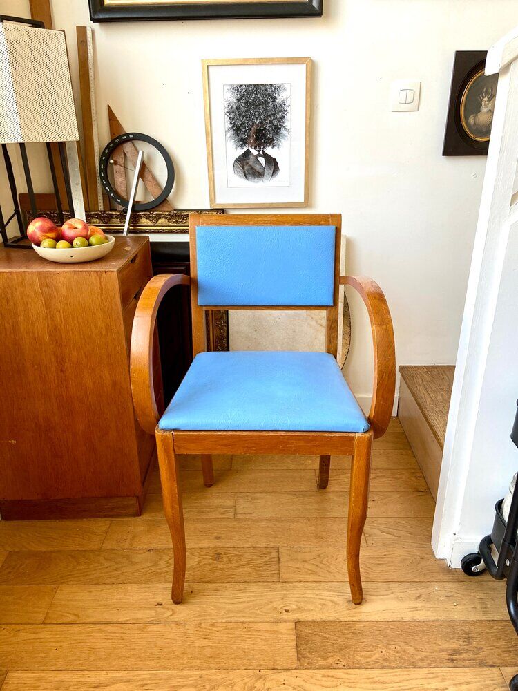 Bridge armchair in wood and blue skaï