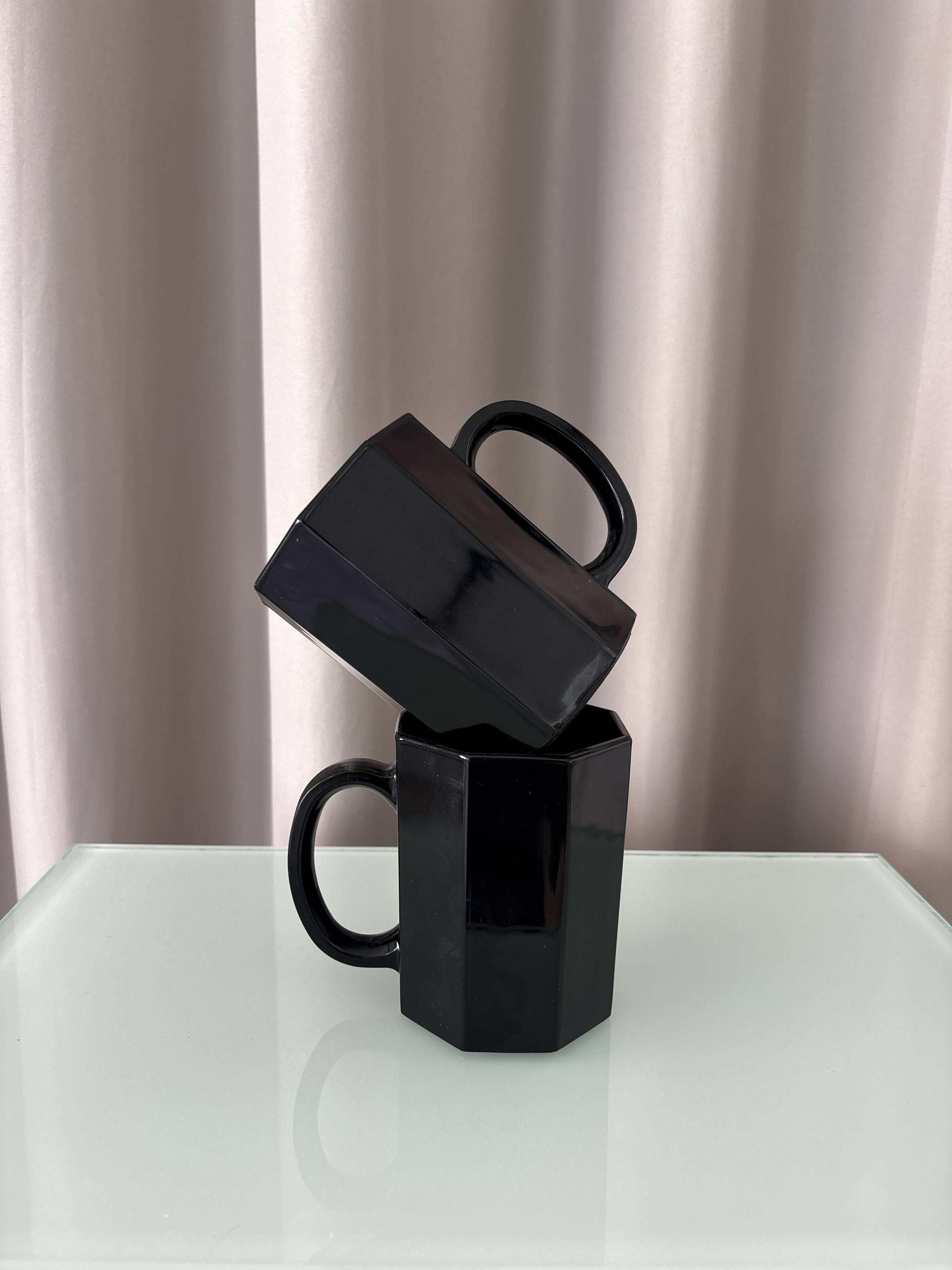 Vintage French Octagonal Black Glass Mugs | Set of 2 | Arc France | 1980s