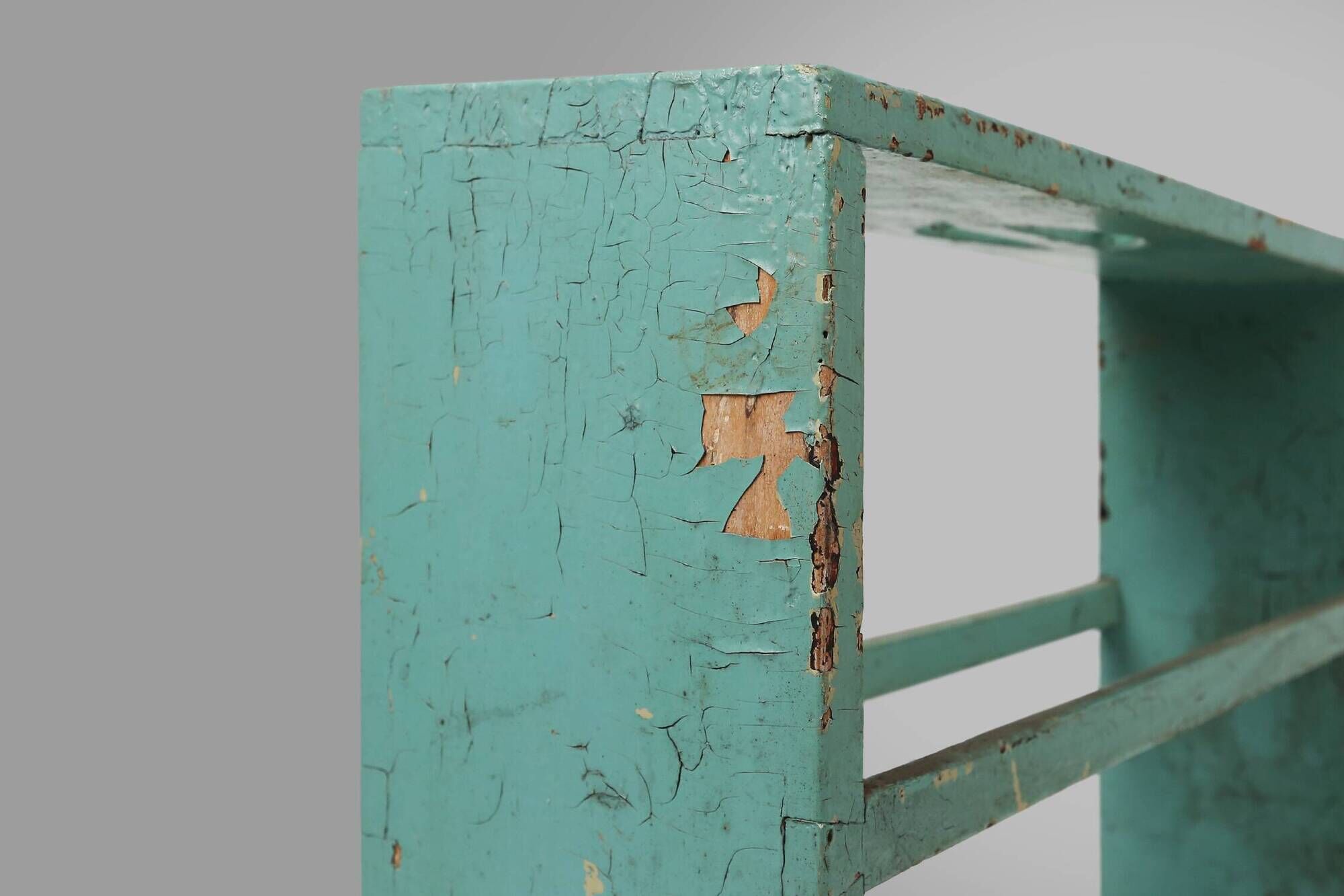 Industrial small mint-colored rack or bookcase with 4 shelves and beautiful patina, Belgium, 1920s