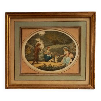 Antique print, country scene, entitled "the twins", engraved by G.Schlumberger (1807-1862)
