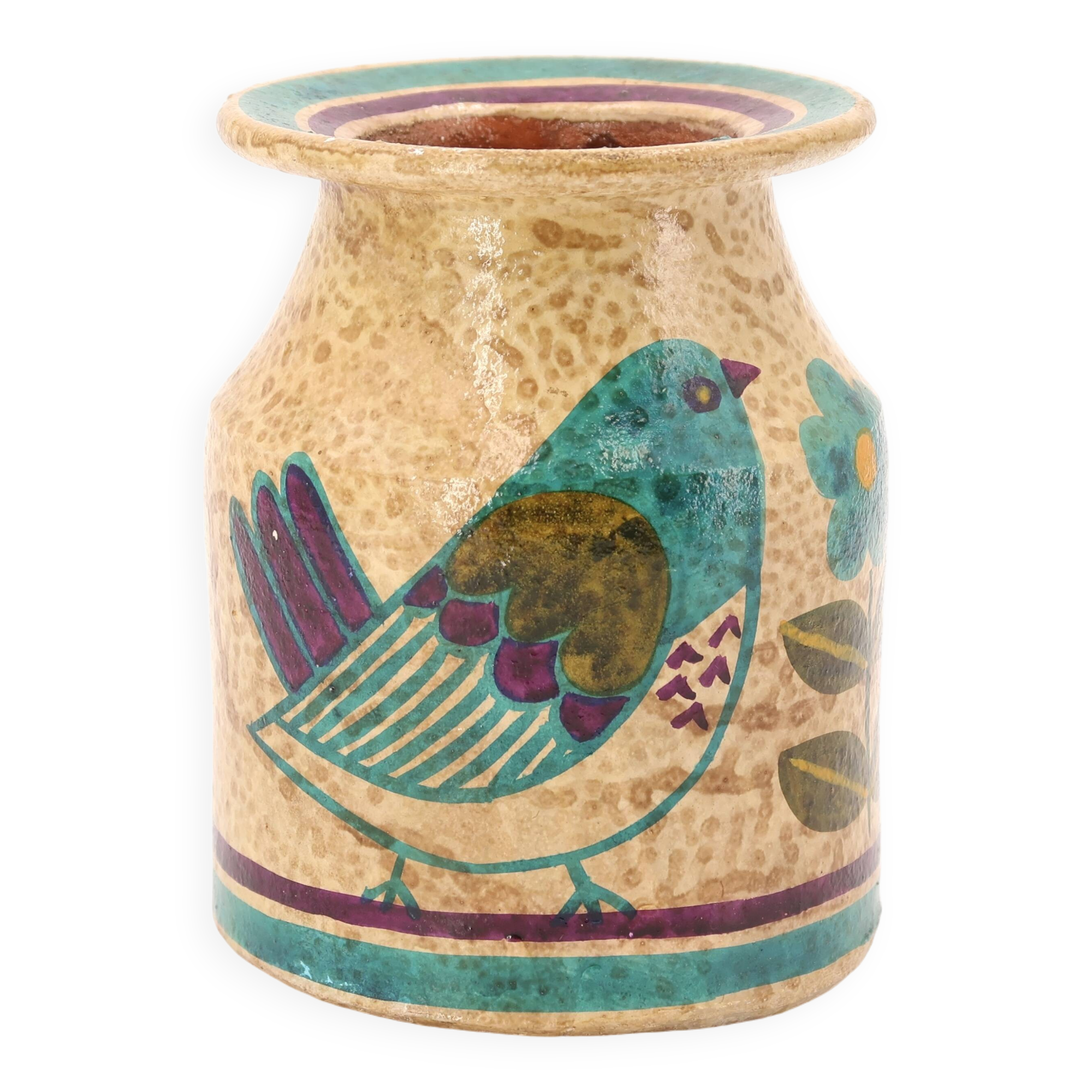 Vase Carmo Saude en céramique décor oiseaux et fleurs, années 70